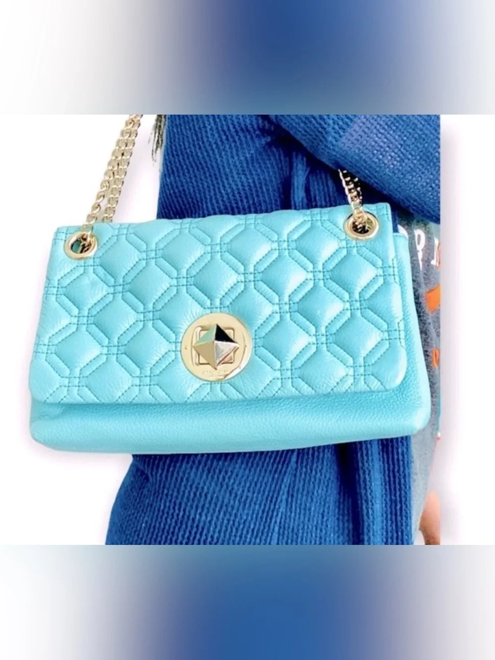 kate spade Leather Aqua🐟🐬🐋 Quilted Chain-Handle Shoulder Bag with Gold Hardware